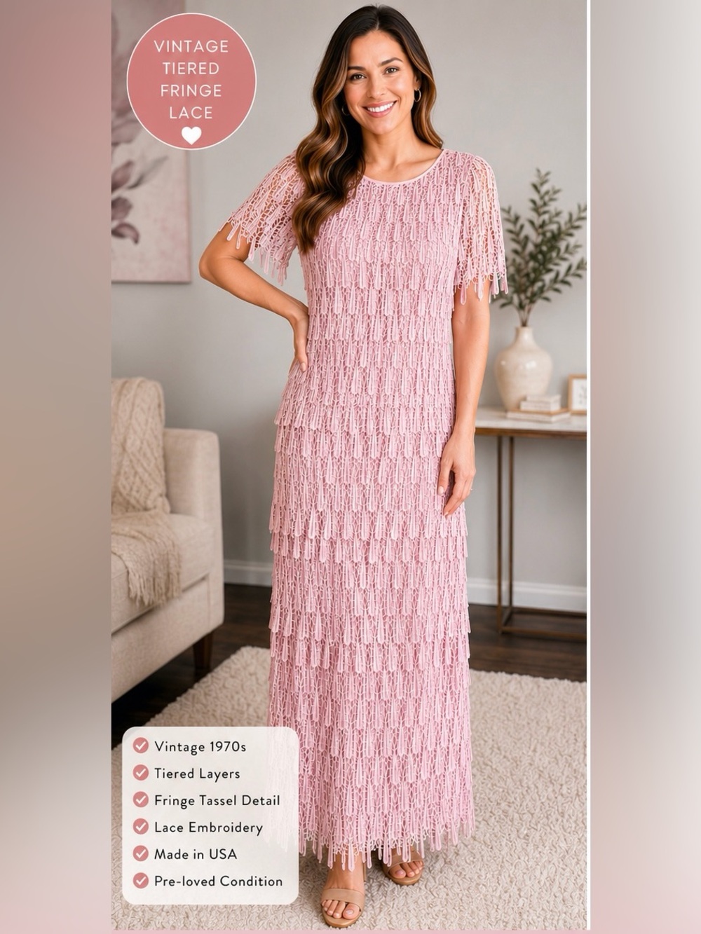 Vintage Pink Tiered Fringe Lace Maxi Dress Women’s Size 8